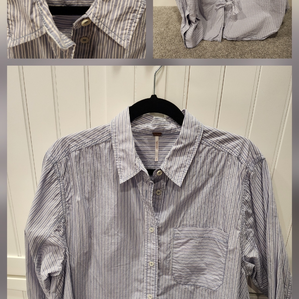 Free People Blue and White Button Down Shirt